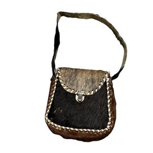Womens Small Pony Cowhide Handmade Leather Black & Brown White Stitch Bag 7X7